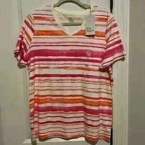 Kim Rogers NWT size Large Pink Orange & White V neck t shirt 100% cotton